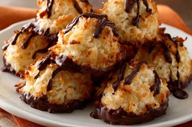 Goldbraune Kokosmakronen mit feinem Schokodrizzle