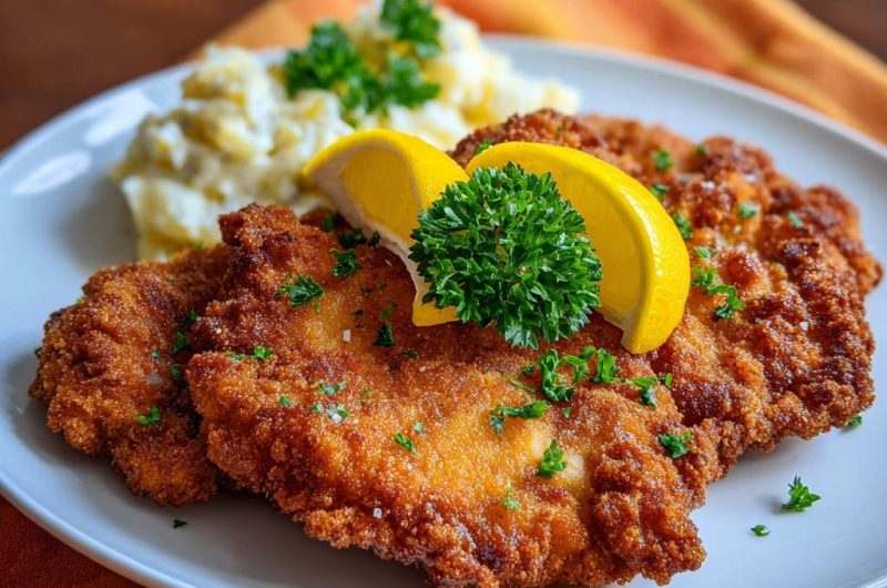 Goldbraunes Hähnchen-Schnitzel mit cremigem Kartoffelsalat