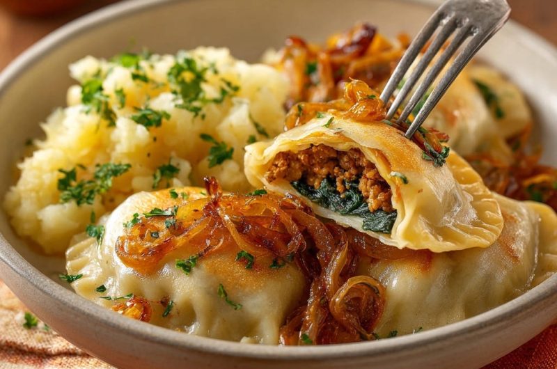 Hausgemachte Rindfleisch-Spinat-Piroggen mit Röstzwiebeln