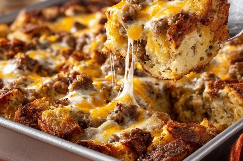 Herzhafter Frühstücks-Brotauflauf mit Wurst und Käse