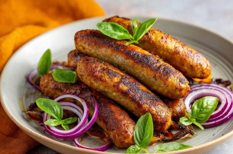 Perfekt Gebratene Kräuter-Würstchen mit karamellisierten Zwiebeln