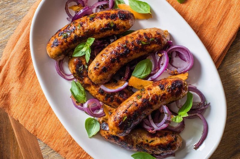 Saftig-knusprige Würstchenpfanne mit Roten Zwiebeln und Süßkartoffel