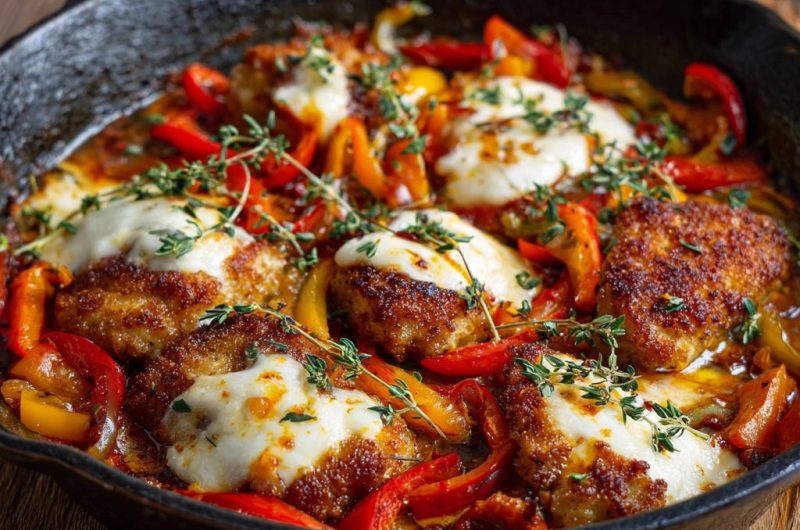 Saftige Hähnchenschnitzel-Pfanne mit Paprika und Mozzarella