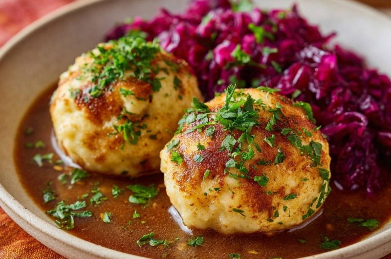 Saftige Semmelknödel mit Rotkohl und Bratensoße