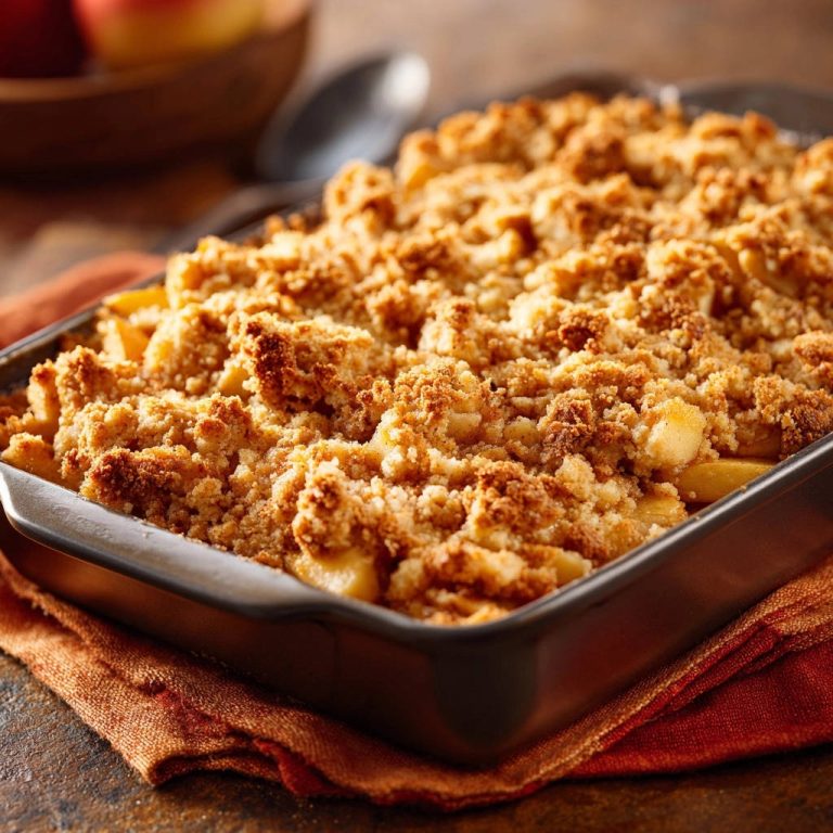 Knuspriger Apfel-Crumble mit detailreicher Nahaufnahme der goldenen Streuselhaube in einer Auflaufform