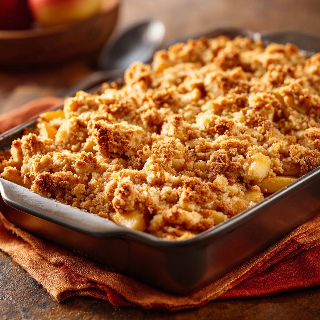 Knuspriger Apfel-Crumble mit detailreicher Nahaufnahme der goldenen Streuselhaube in einer Auflaufform