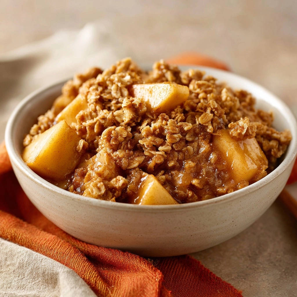 Apfel-Crumble Klassiker in einer Schüssel, Nahaufnahme der knusprigen Streusel und saftigen Apfelstücke.
