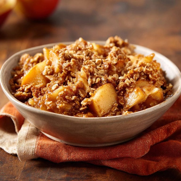 Apfel-Crumble Klassiker in einer Schüssel mit knuspriger Streusel-Decke, Nahaufnahme