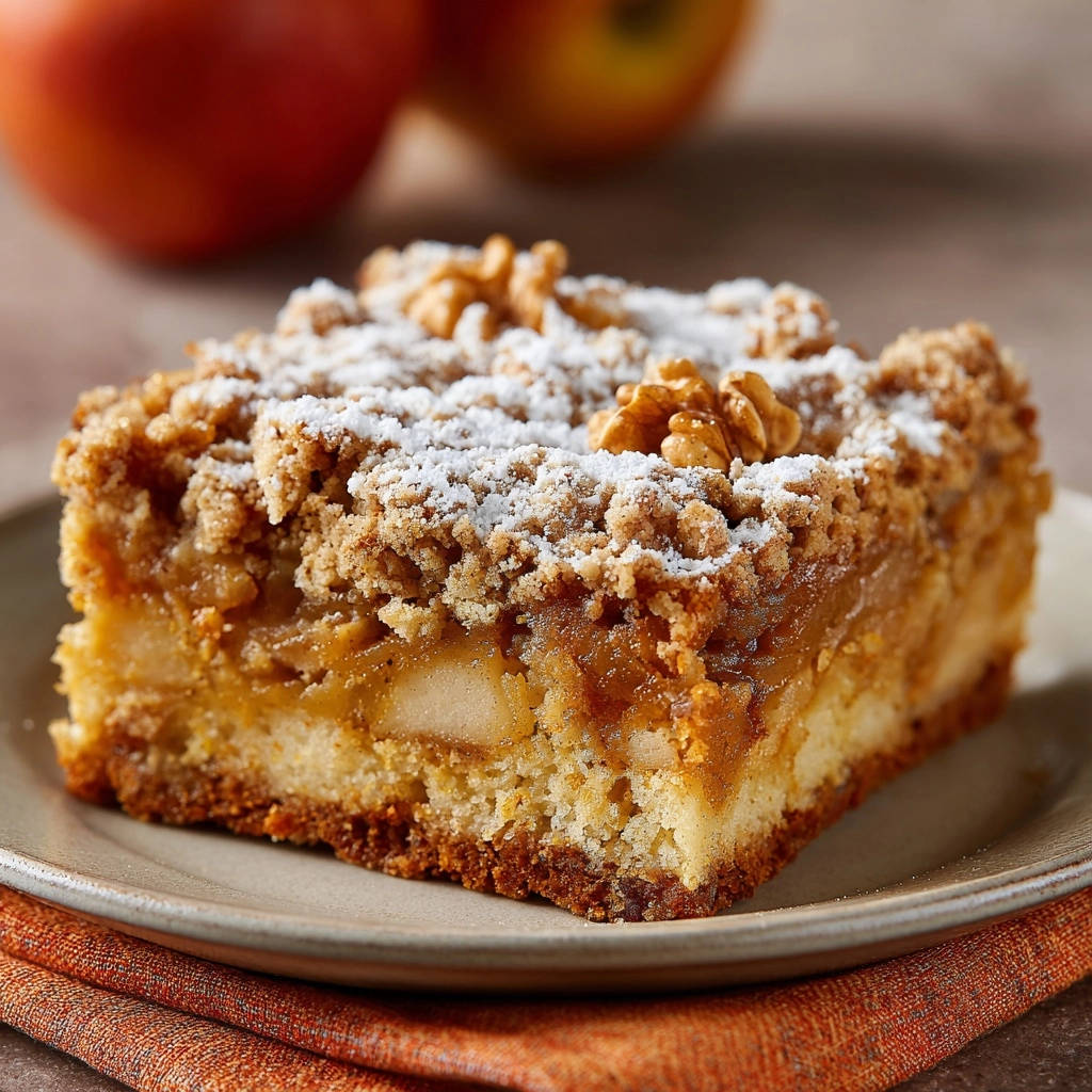 Apfel-Streuselkuchen Deluxe als angeschnittene Scheibe auf einem Teller mit Puderzucker und Walnüssen garniert.