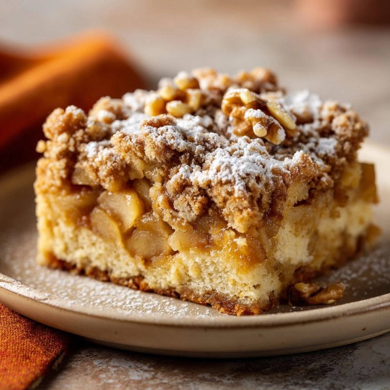 Apfel-Streuselkuchen Deluxe als Nahaufnahme eines angeschnittenen Stücks mit knusprigen Streuseln und Walnüssen, bestäubt mit Puderzucker.