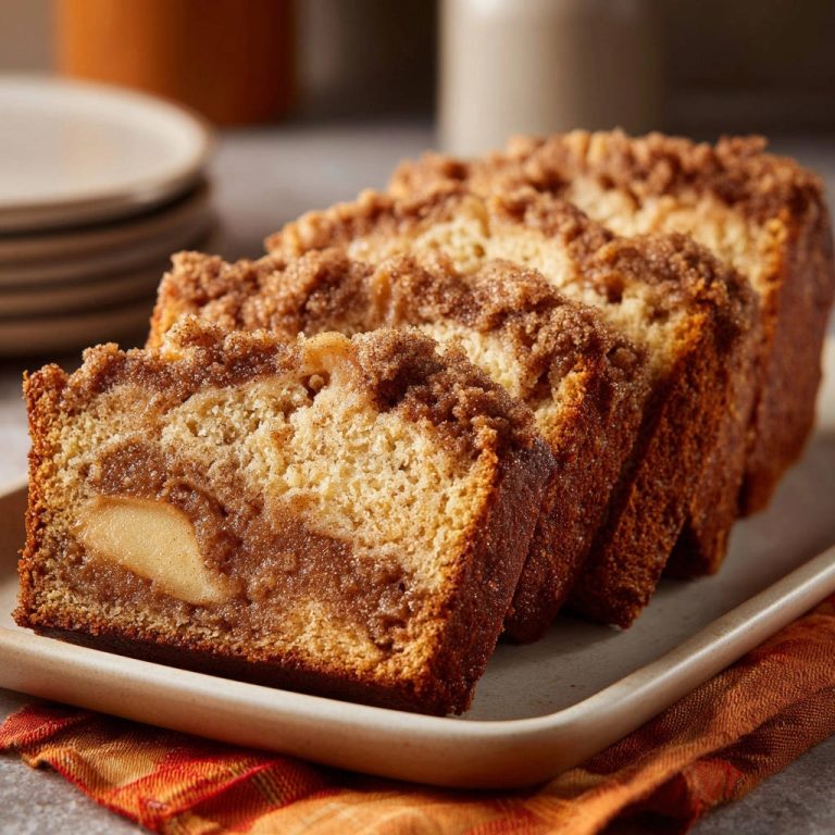 Saftiges Apfel-Zimt-Brot mit Streuseln, angeschnitten und von der Seite gezeigt, mit sichtbaren Apfelstücken im Inneren.