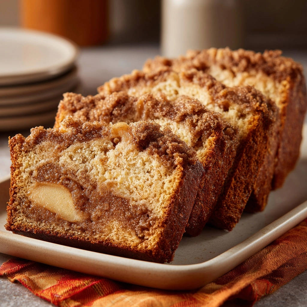 Saftiges Apfel-Zimt-Brot mit Streuseln, angeschnitten und von der Seite gezeigt, mit sichtbaren Apfelstücken im Inneren.