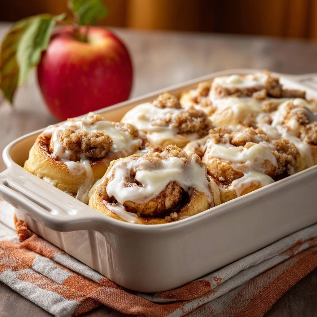 Saftige Apfel-Zimt-Schnecken mit Streusel-Topping im Backblech, frisch gebacken und mit Zuckerguss verziert.