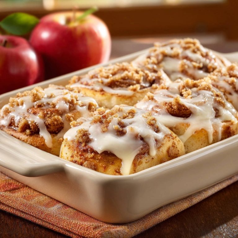 Saftige Apfel-Zimt-Schnecken mit Streusel-Topping in einer Auflaufform, Nahaufnahme des glasierten und bestreuten Toppings.