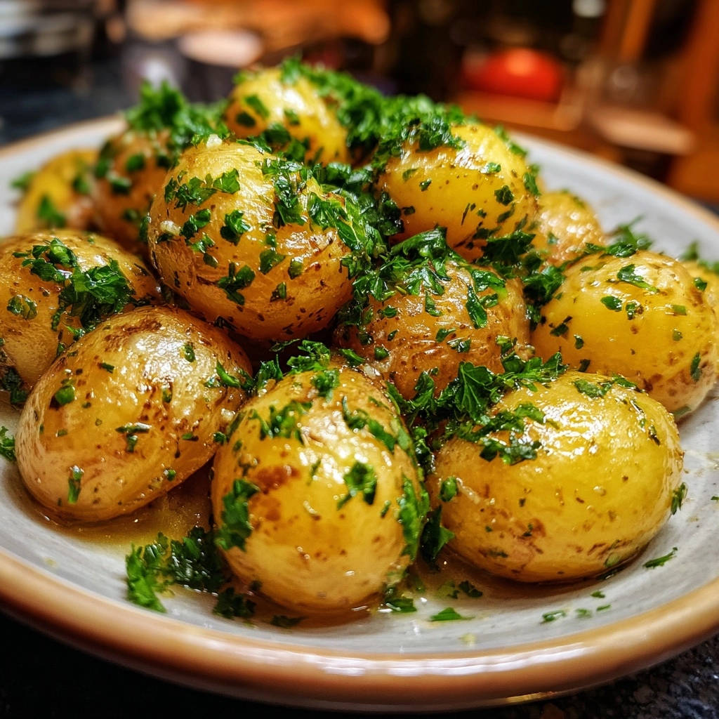 Aromatische Kräuterkartoffeln nah aufgenommen und mit frischer Petersilie garniert auf einem Teller serviert.