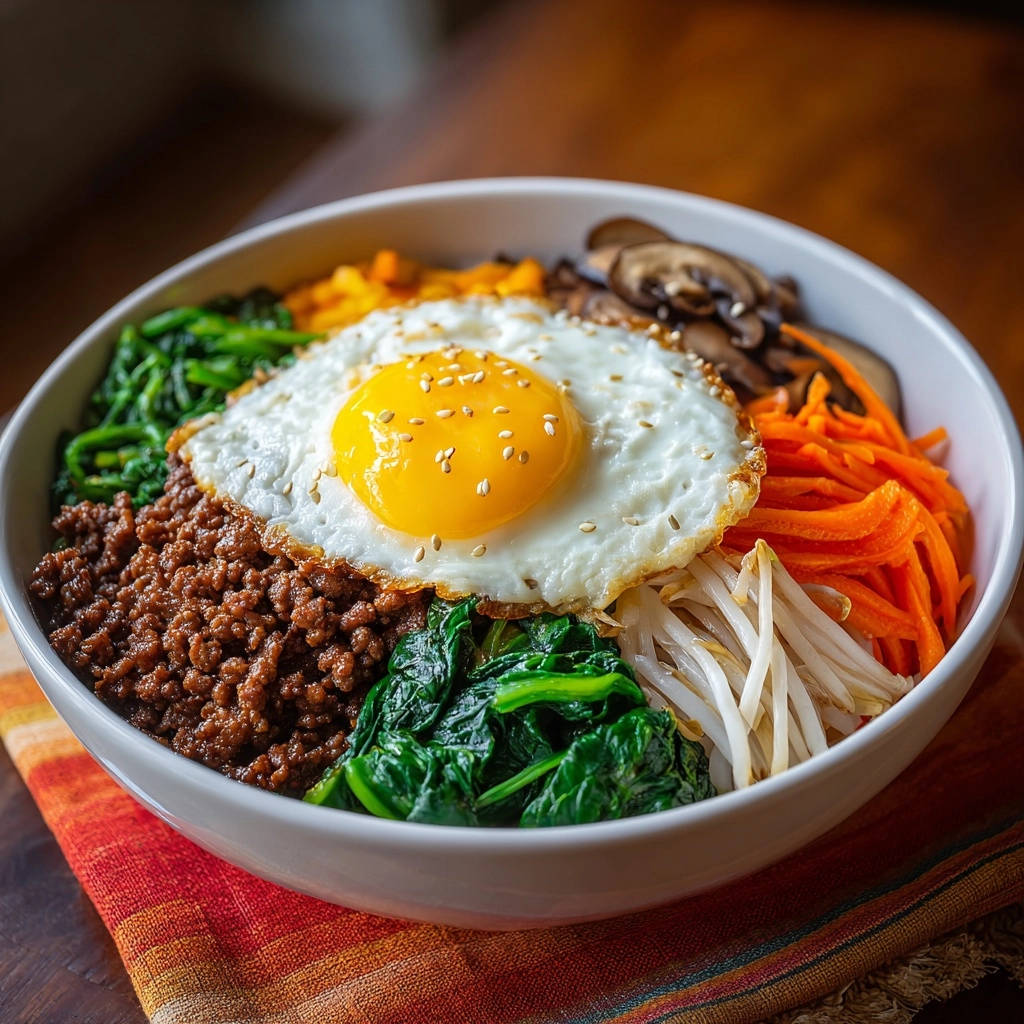 Bibimbap-Bowl mit Rinderhack und einem perfekt gebratenen Spiegelei mit Sesam bestreut, umgeben von frischem Gemüse.