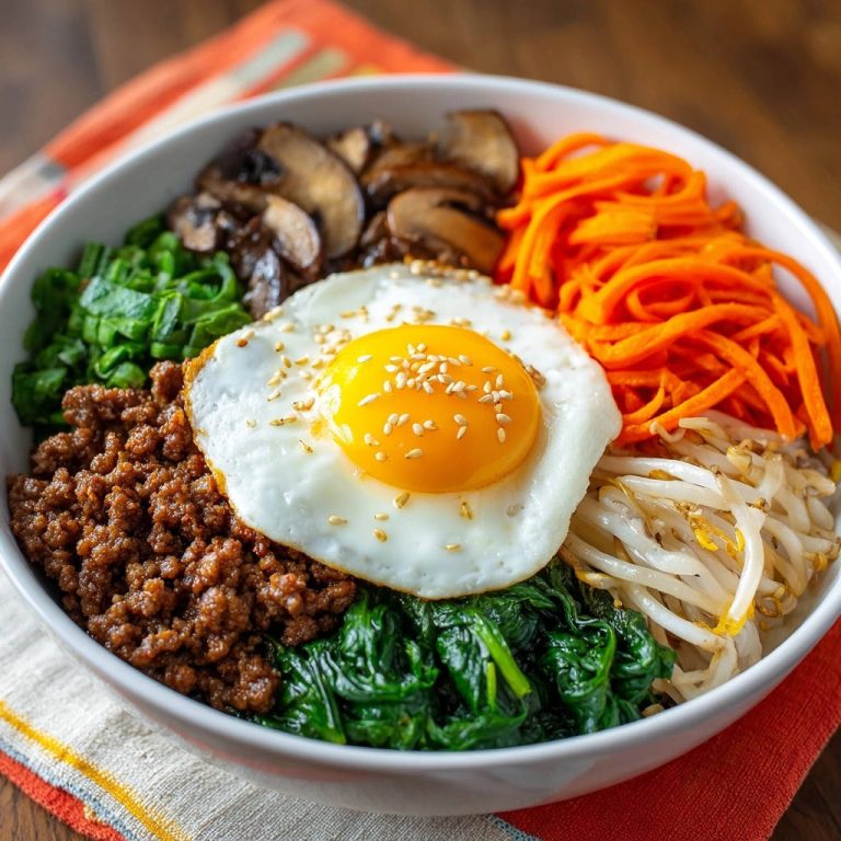 Bibimbap-Bowl mit Rinderhack und Spiegelei, serviert mit verschiedenen Gemüsesorten und garniert mit Sesam.