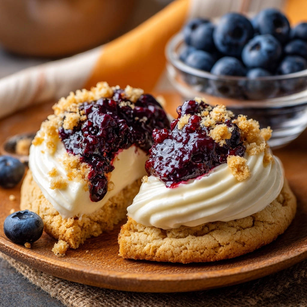 Blaubeer-Crumble-Cookies mit Frischkäsecreme, angeschnitten mit Blaubeermarmelade und Streuseln