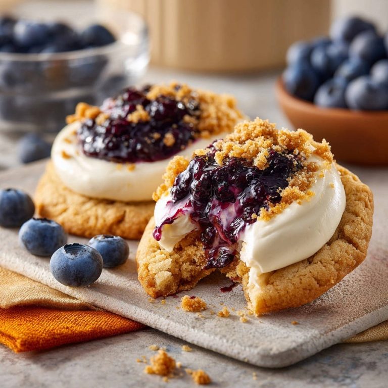 Blaubeer-Crumble-Cookies mit Frischkäsecreme, angeschnitten mit Blaubeersauce, die ausläuft