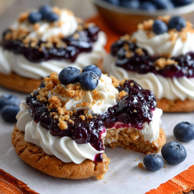 Blaubeer-Keks-Küchlein mit Frischkäsecreme angeschnitten, zeigt die cremige Füllung und Blaubeersauce auf knusprigem Keks.