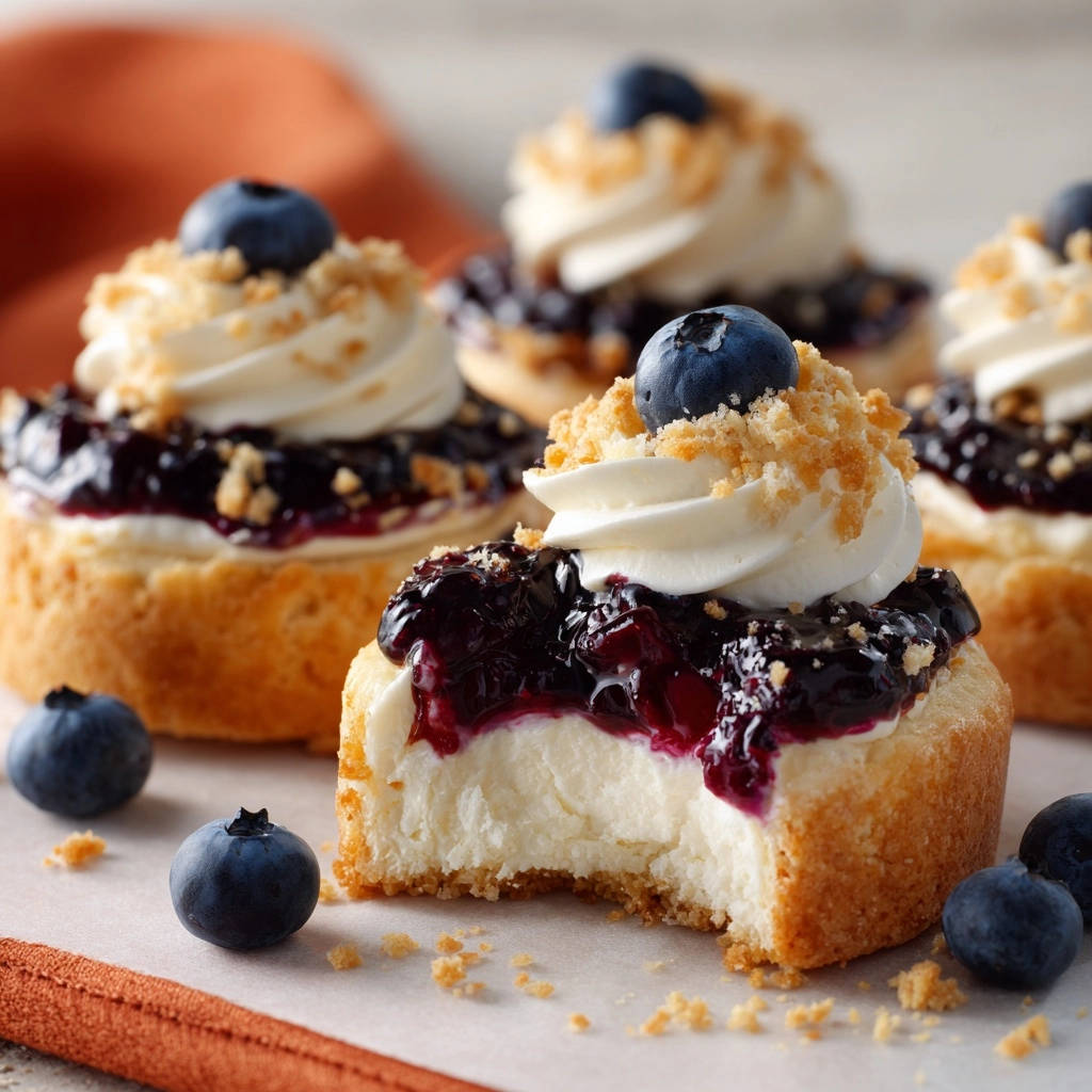 Blaubeer-Keks-Küchlein mit Frischkäsecreme, angeschnitten, um die cremige Füllung und die Heidelbeeren zu zeigen.