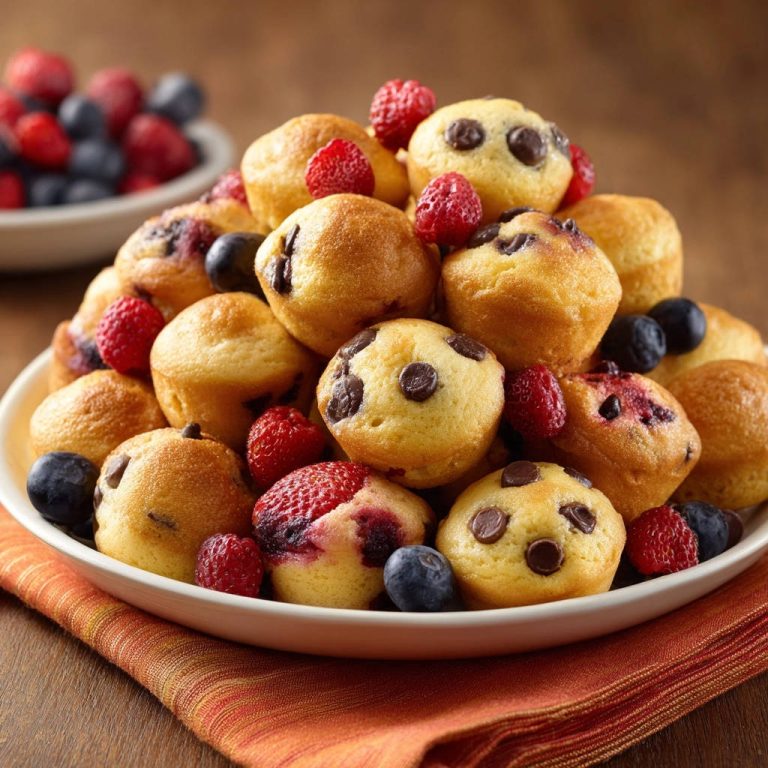 Blitz-Mini-Muffins mit Beeren & Schokolade, detailreich auf einem Teller mit frischen Beeren und Schokoladenstückchen garniert.