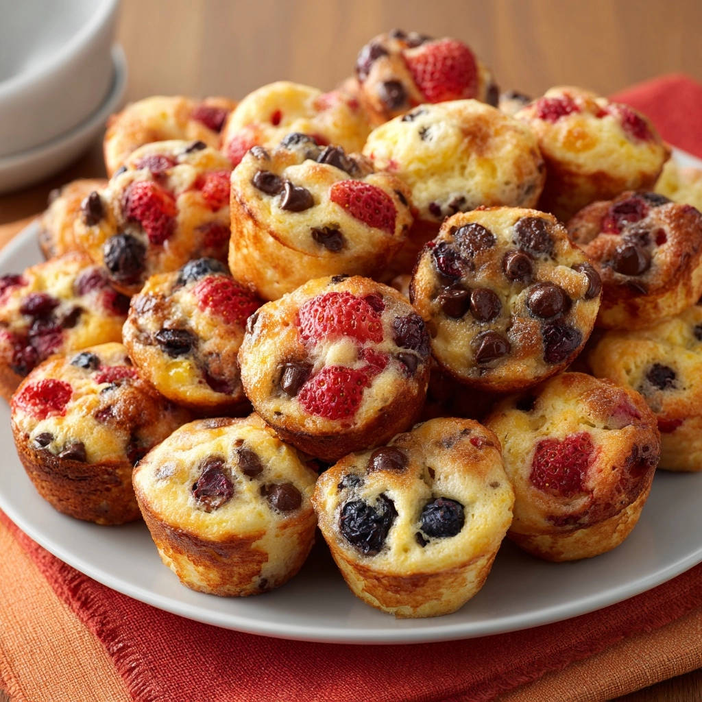 Blitz-Mini-Muffins mit Beeren & Schokolade, Nahaufnahme eines Stapels saftiger Mini-Muffins mit sichtbaren Beeren und Schokoladenstückchen.