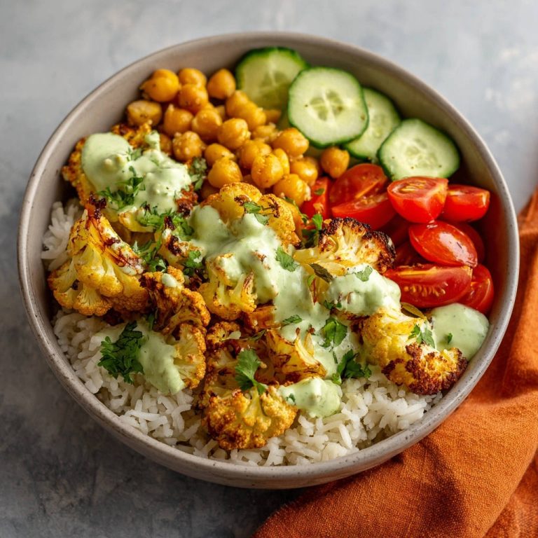 Blumenkohl-Power-Bowl mit Kräuter-Limetten-Dressing, nahaufnahme der servierten Zutaten mit cremiger Sauce und frischer Garnitur.