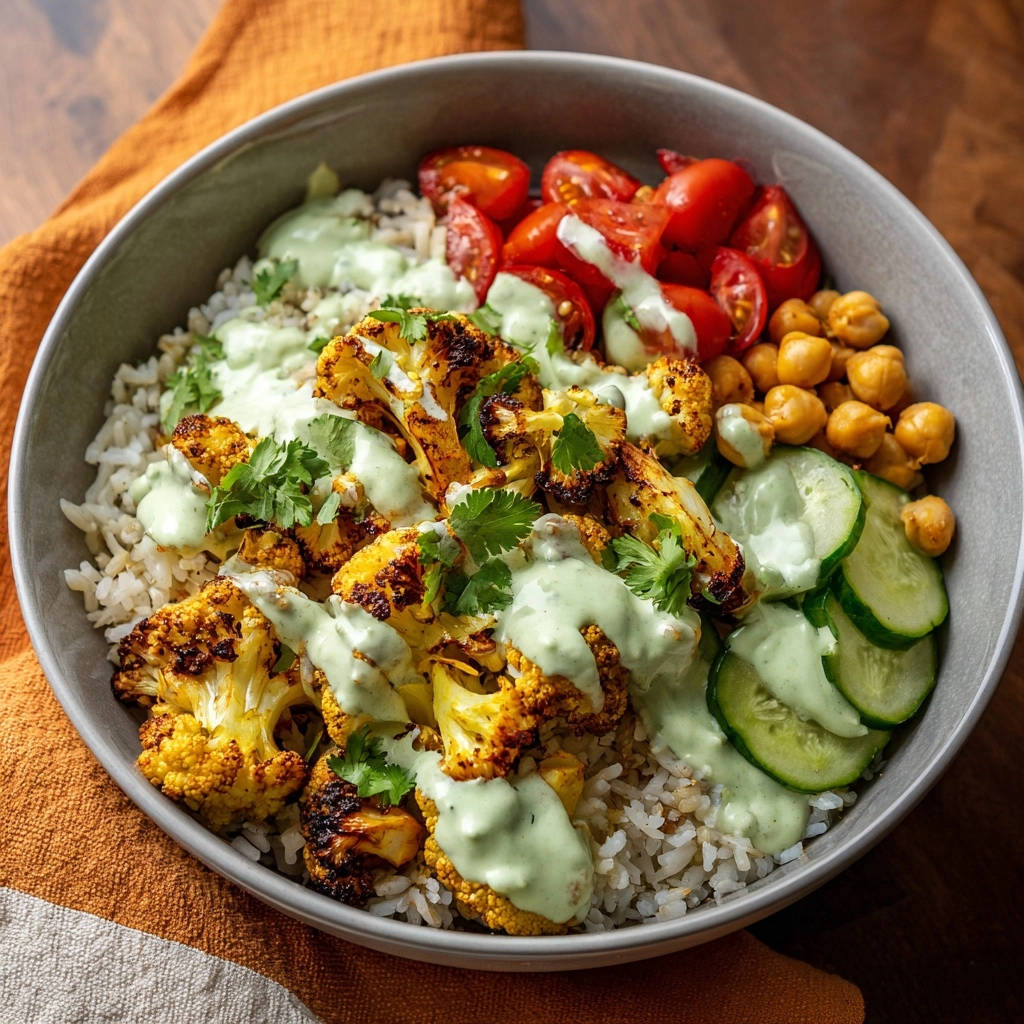 Blumenkohl-Power-Bowl mit Kräuter-Limetten-Dressing, eine Nahaufnahme der bunten Zutaten mit einem cremigen Dressing übergossen.