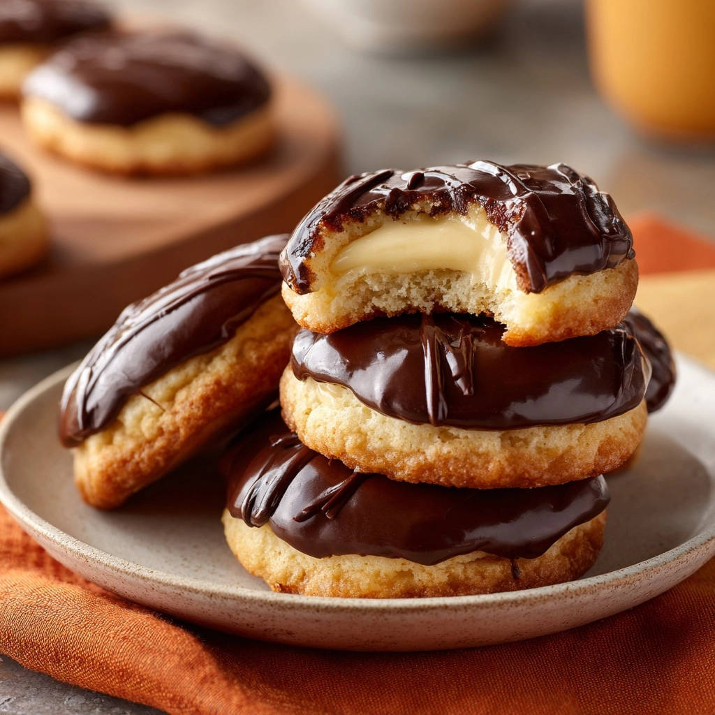 Boston Cream Pie Mini-Küchlein angeschnitten, die cremige Füllung ist innen gut sichtbar und verlockend.
