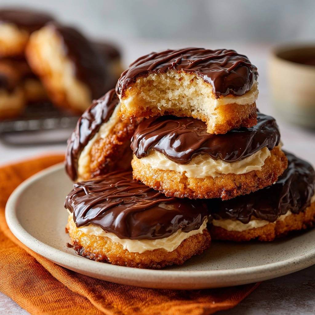 Boston Cream Pie Mini-Küchlein, gestapelt auf einem Teller, eines mit einem Bissen, der die cremige Füllung zeigt.