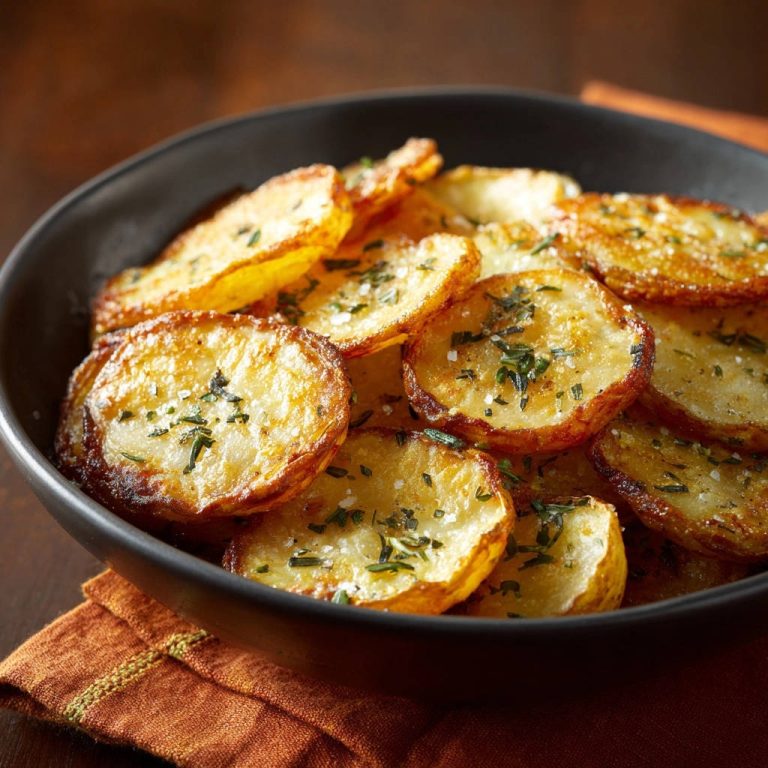Perfekte Bratkartoffel-Scheiben, knusprig-goldene Bissen, hier als Nahaufnahme mit Kräutern und Salz garniert.