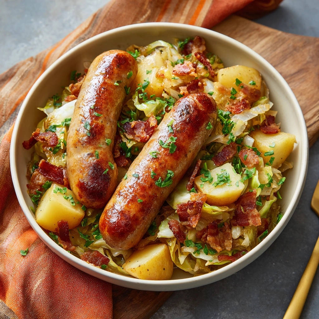 Deftige Bratwurst-Kraut-Pfanne mit Speck und Kartoffeln als Nahaufnahme mit Petersilie garniert.
