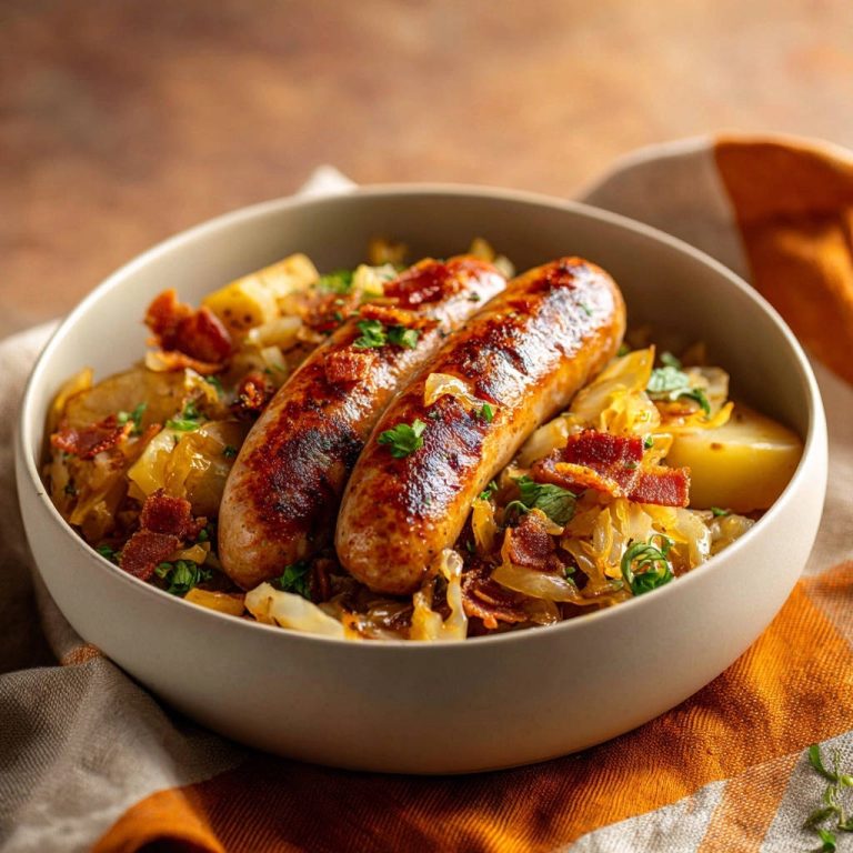 Deftige Bratwurst-Kraut-Pfanne mit zwei saftigen Bratwürsten und knusprigem Speck, nahaufnahme im grauen Teller.