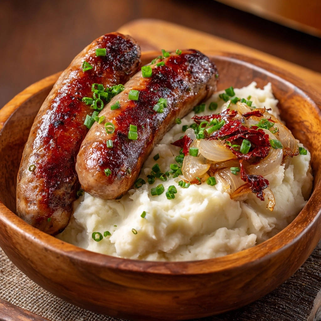 Saftige Bratwürste auf cremigem Püree mit karamellisierten Zwiebeln, detailreiche Nahaufnahme der gekochten und garnierten Speisen.