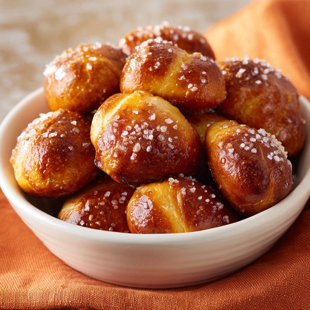 Brezel-Bites wie vom Bäcker als Nahaufnahme mit Salz und tiefbrauner Kruste in einer Schüssel
