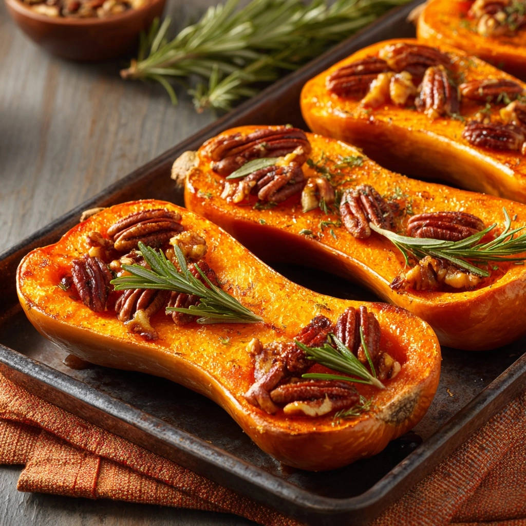 Butternut-Kürbis mit Pekannuss-Kruste, garniert mit frischem Rosmarin und Pekannüssen, im Detail auf einem Backblech.