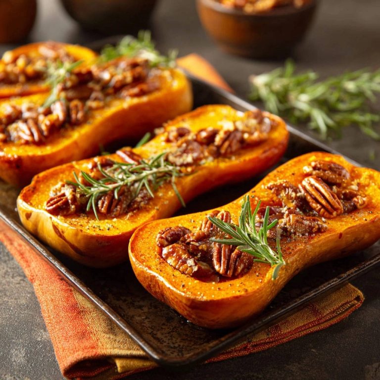 Butternut-Kürbis mit Pekannuss-Kruste als Nahaufnahme auf einem Backblech mit Rosmarin garniert.