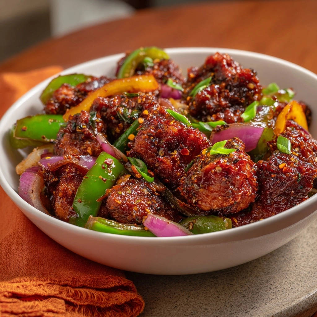 Knuspriges Chili-Hähnchen als Nahaufnahme mit sichtbaren Gewürzen und Paprikastücken.