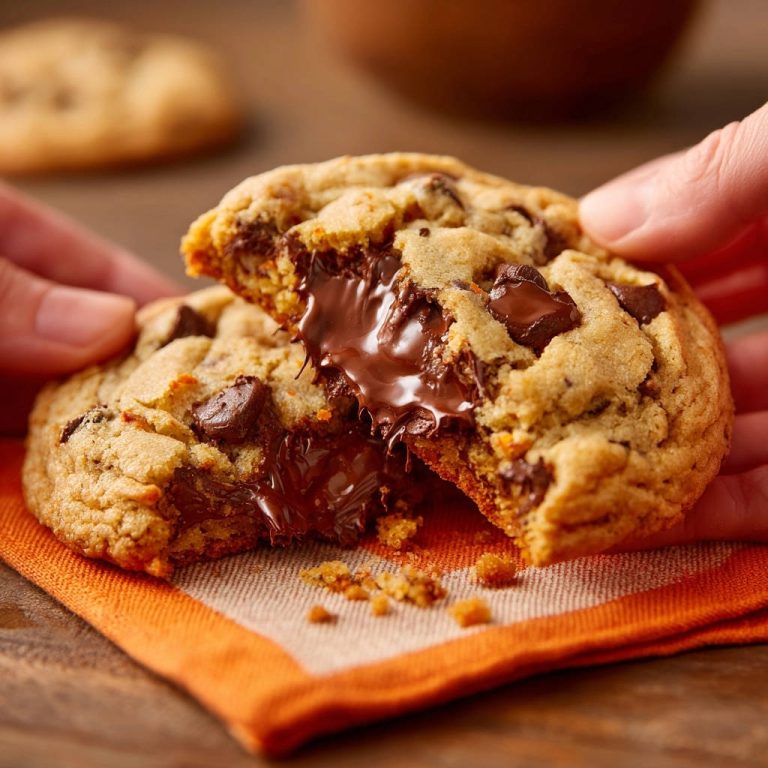Die besten Chocolate Chip Cookies angeschnitten mit zartschmelzender Schokolade im Inneren auf einem orangen Tuch