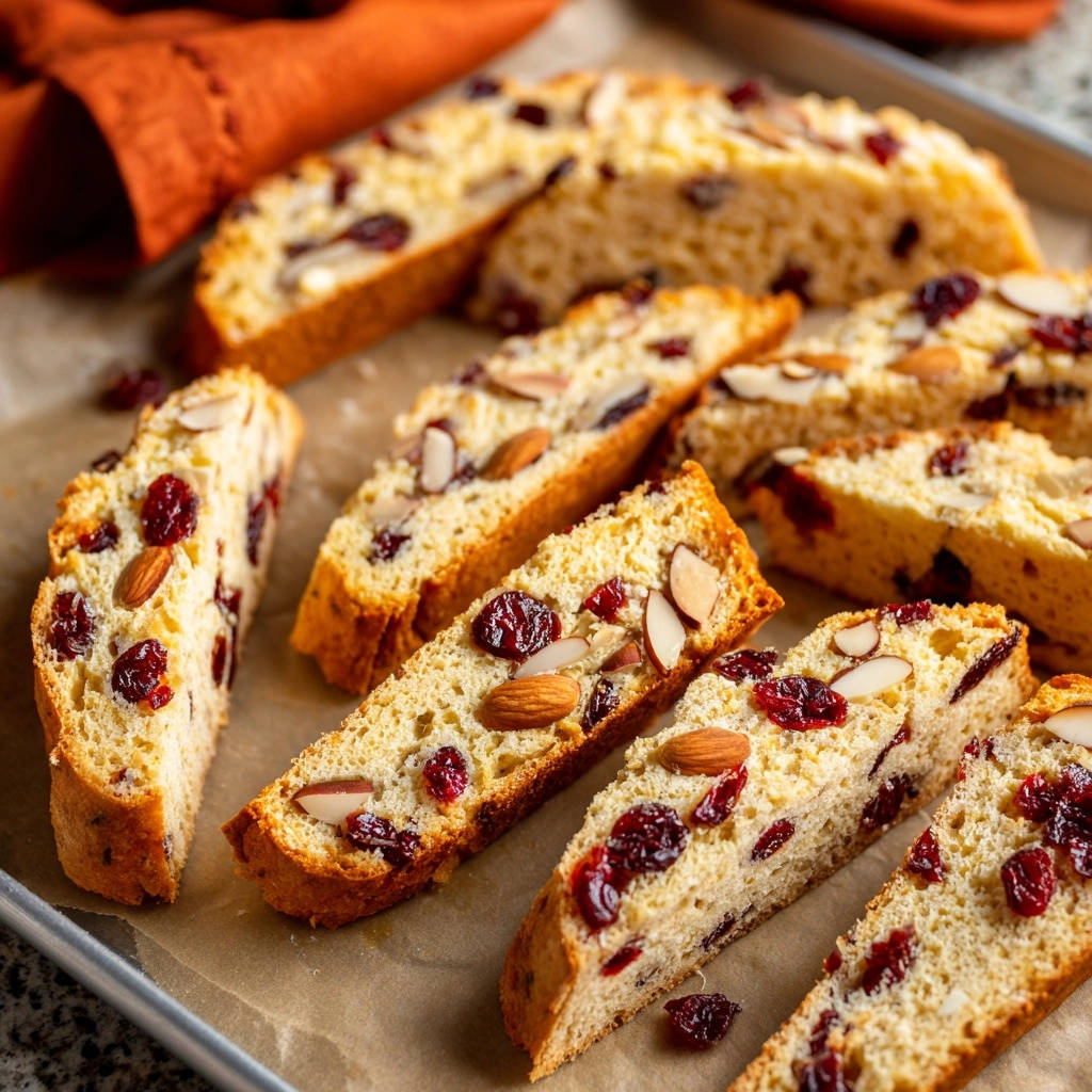 Knusprige Cranberry-Mandel-Biscotti, Nahaufnahme mit sichtbaren Mandelsplittern und getrockneten Cranberries.