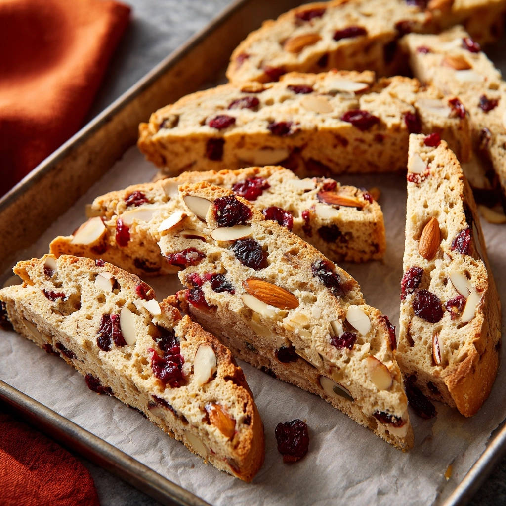 Knusprige Cranberry-Mandel-Biscotti im Querschnitt, mit sichtbaren Mandeln und getrockneten Cranberries, auf einem Backblech liegend.