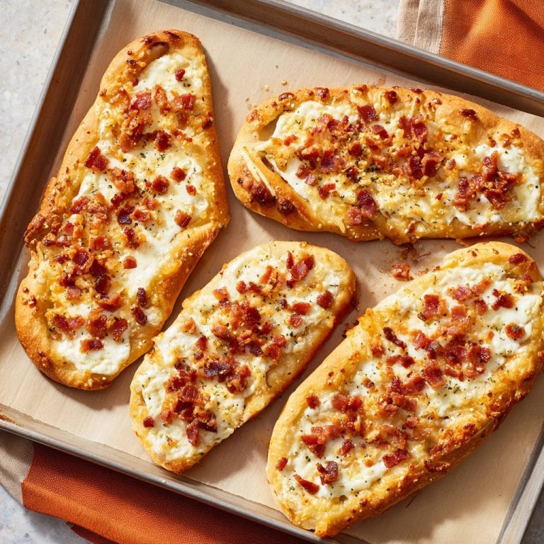 Cremige Bacon-Fladenbrote auf einem Backblech, von oben mit Speck und Käse belegt, für ein knuspriges Backerlebnis.