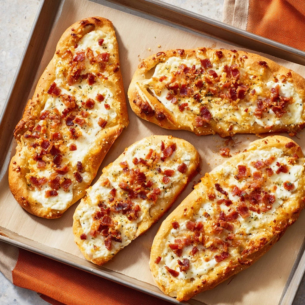 Cremige Bacon-Fladenbrote auf einem Backblech, von oben mit Speck und Käse belegt, für ein knuspriges Backerlebnis.