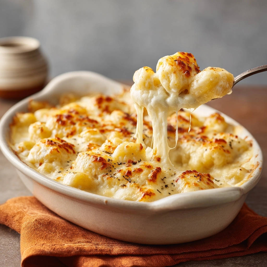 Cremiger Gnocchi-Auflauf mit Käse, der beim Anheben auf der Gabel Fäden zieht, frisch aus dem Ofen.