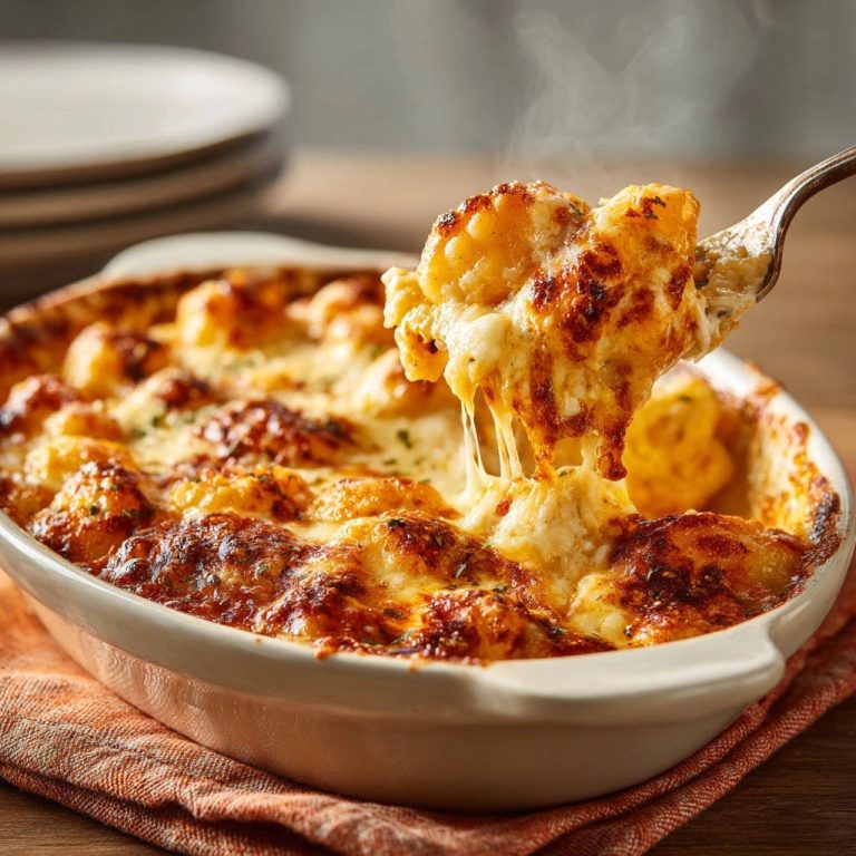 Cremiger Gnocchi-Auflauf mit geschmolzenem Käse, der beim Anheben auf einer Gabel Fäden zieht.