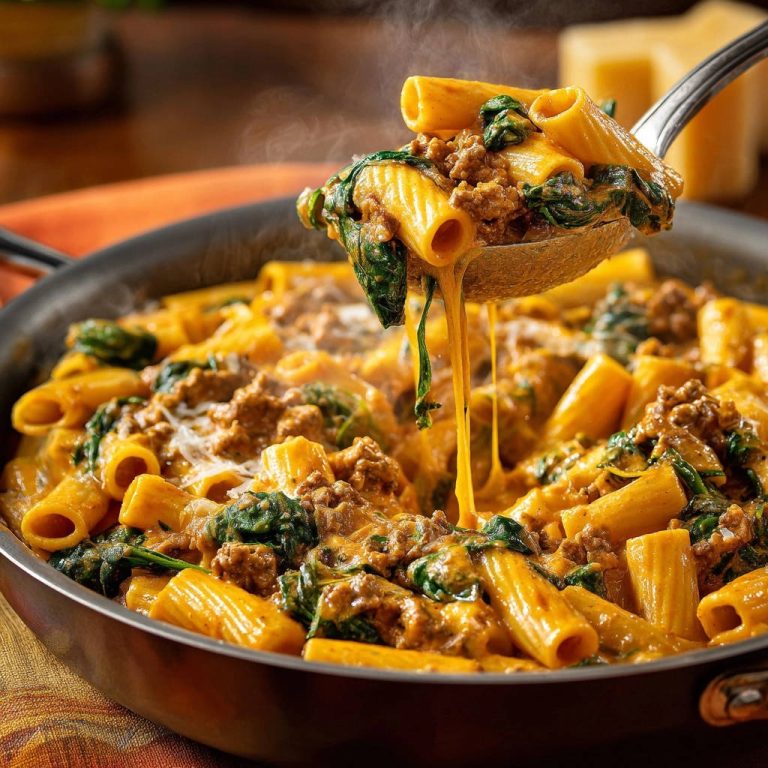 Cremige Hackfleisch-Spinat-Rigatoni mit schmelzendem Käse, serviert aus einer Kelle in der Pfanne