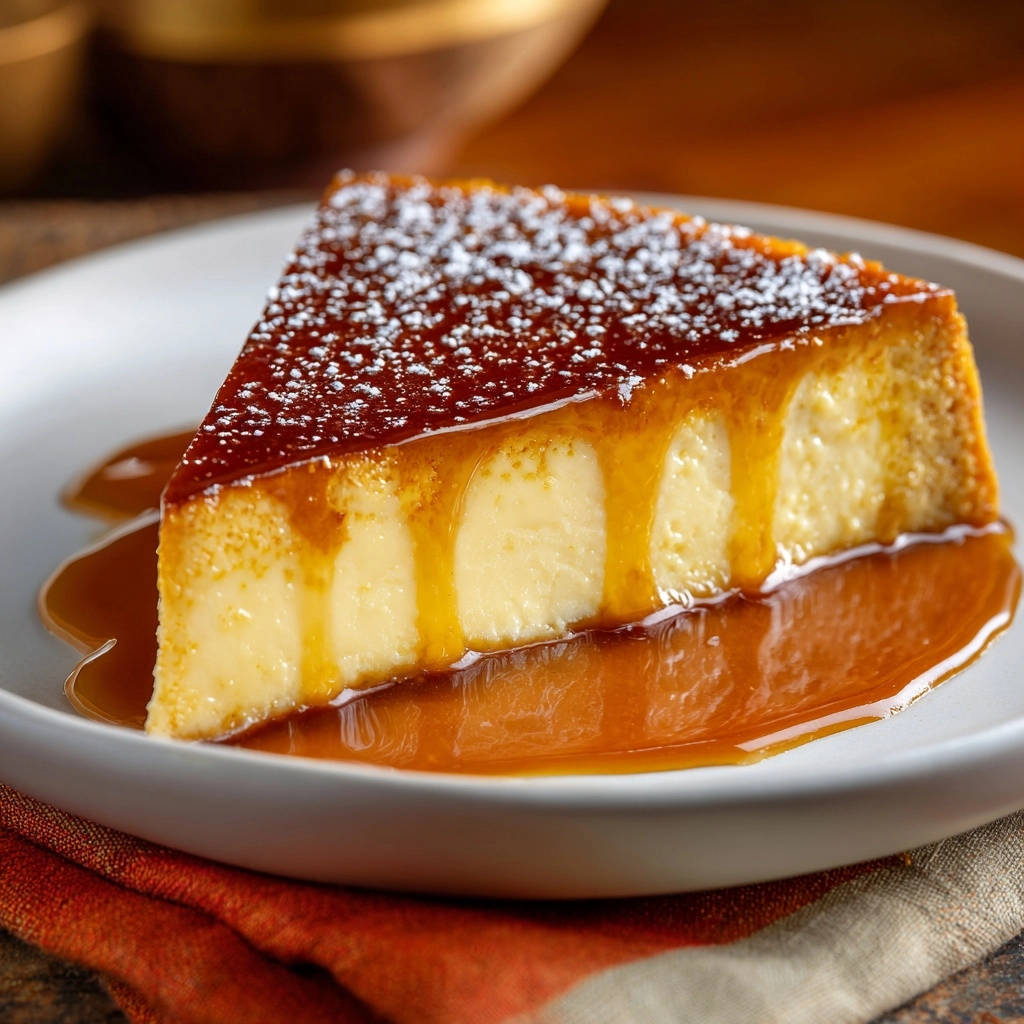 Cremiger Karamell-Flan, eine angeschnittene Scheibe mit geschmolzenem Karamell und Puderzucker bestäubt.