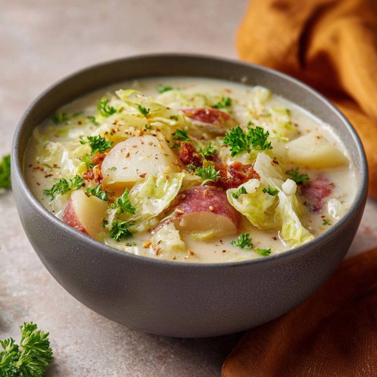Cremiger Kartoffel-Kohl-Eintopf mit Knusper-Speck, serviert in einer grauen Schüssel mit frischer Petersilie garniert.