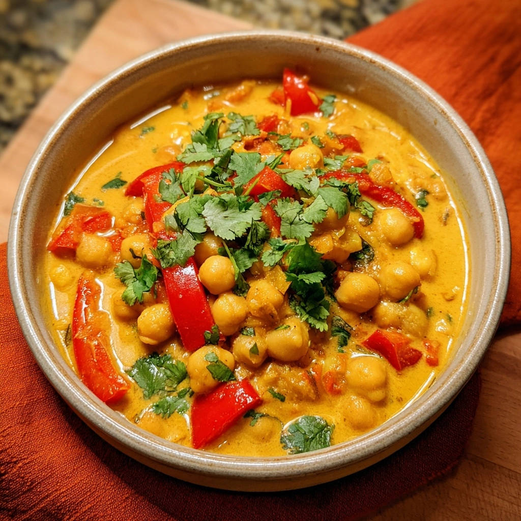 Cremiges Kichererbsen-Curry mit frischer Koriandergarnitur in einer Schüssel, nahaufnahme